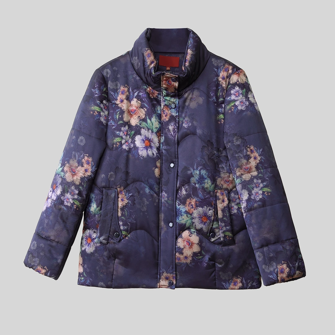高档仿真丝印花中老年女装棉服加厚保暖胖妈妈装冬季花棉袄小棉衣
