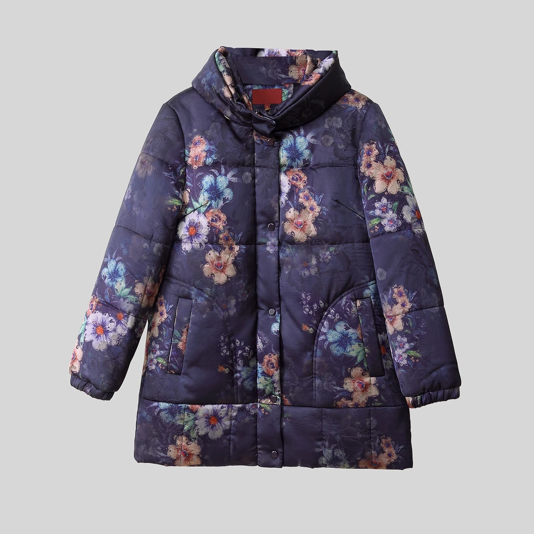 高档仿真丝印花中长款棉衣加厚保暖中老年女装冬季棉服花棉袄大码