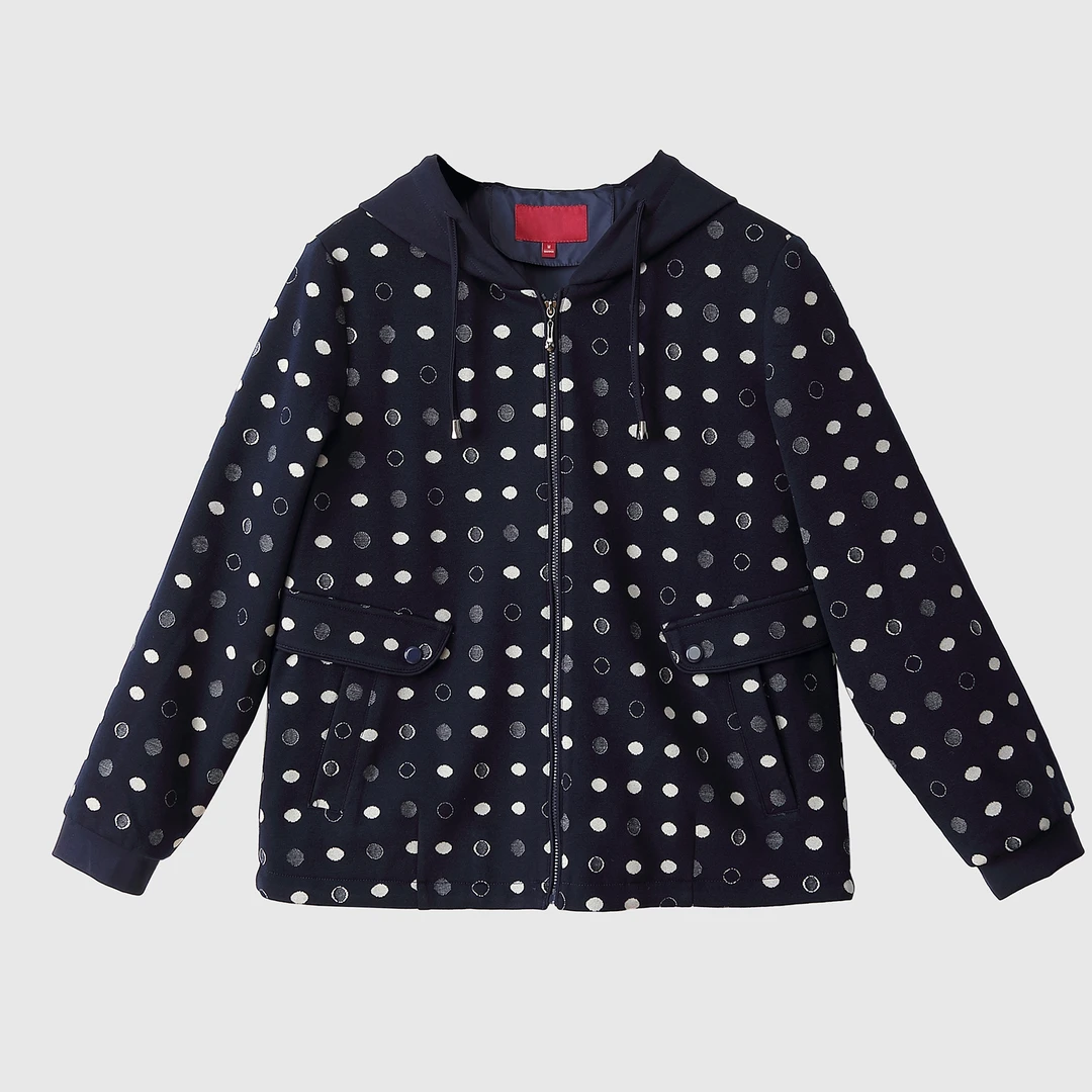 高档妈妈装秋季波点外套休闲连帽柔软舒适短款宽松大码中老年女装