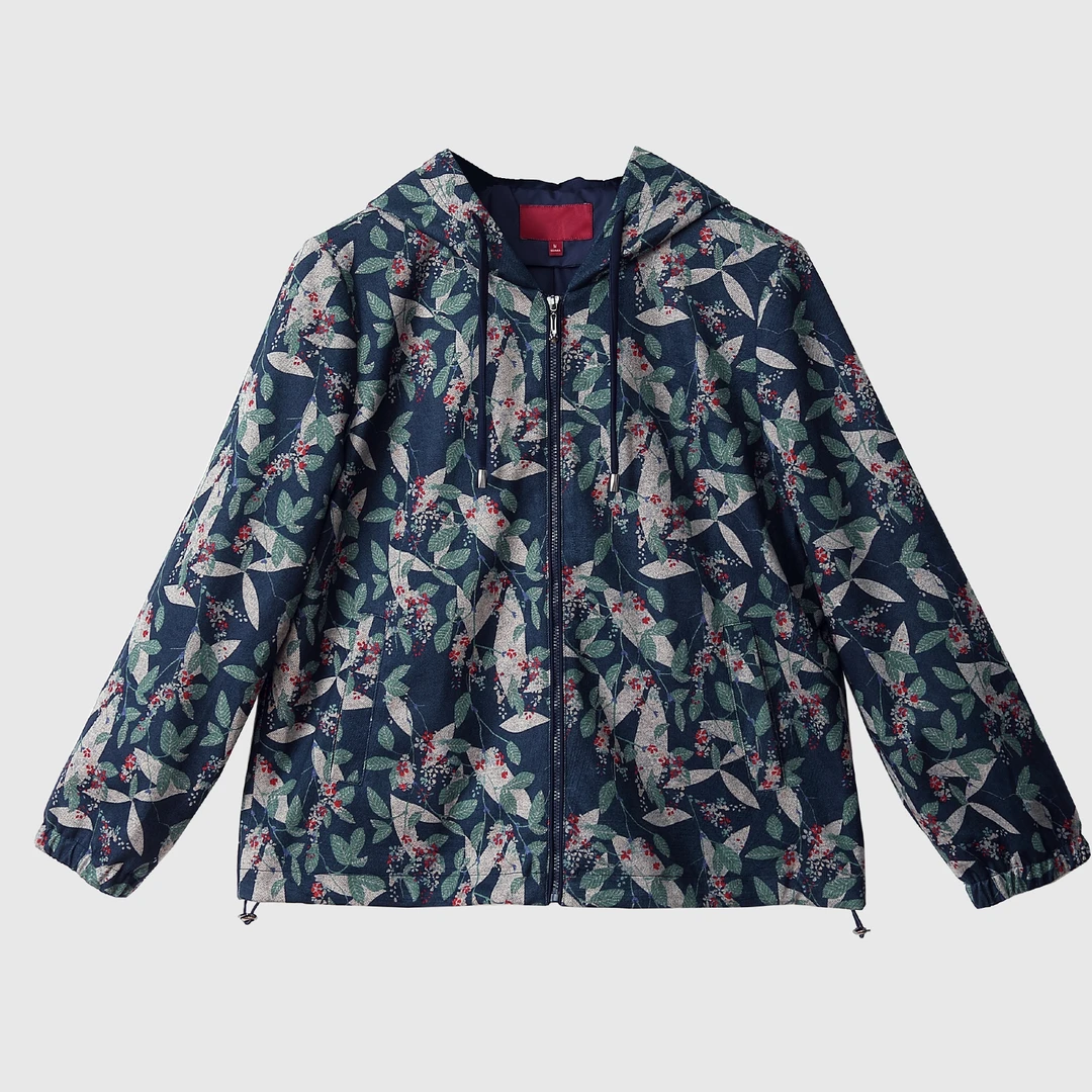 高档洋气印花连帽外套宽松大码妈妈装秋季花色上衣中老年女装品牌