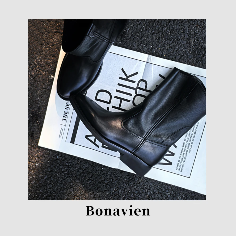 Bonavien 博娜薇2025新款英伦风植鞣粒面牛皮中筒骑士靴C8MC001