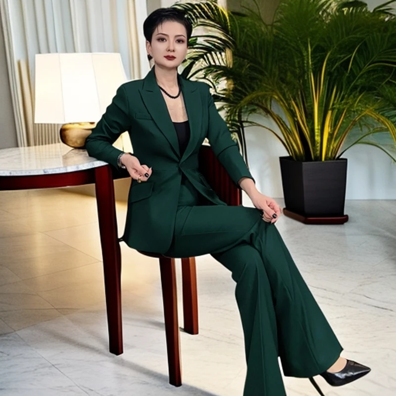 LG高定-轻奢气质女神时尚洋气墨绿色修身西装微喇长裤西装套装