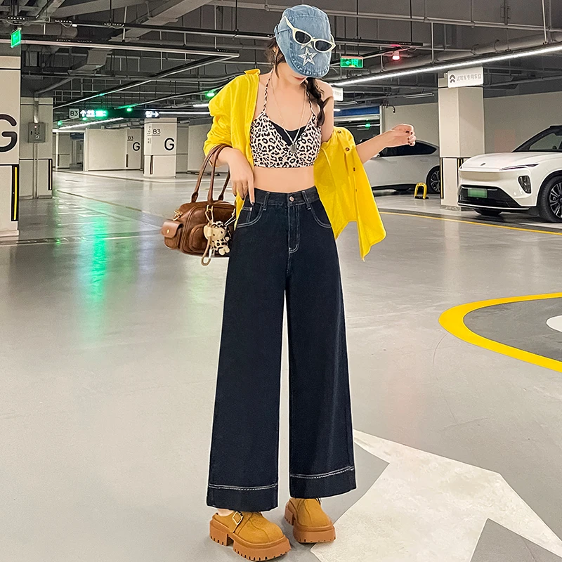 丹宁蓝阔腿牛仔裤女小个子秋冬2024新款高腰显瘦宽松九分直筒裤