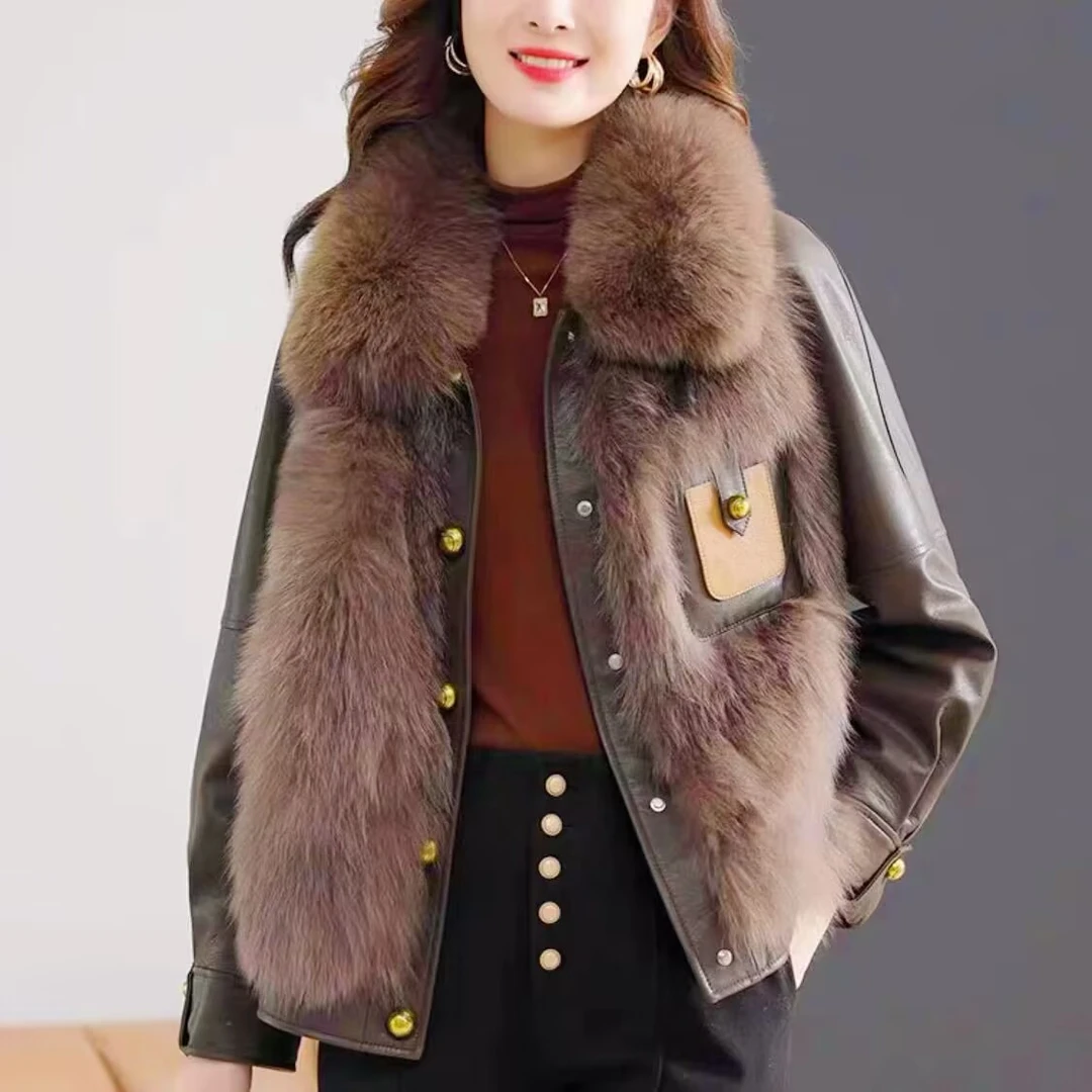 2024欧货仿皮毛秋冬加厚保暖PU棉服外套女