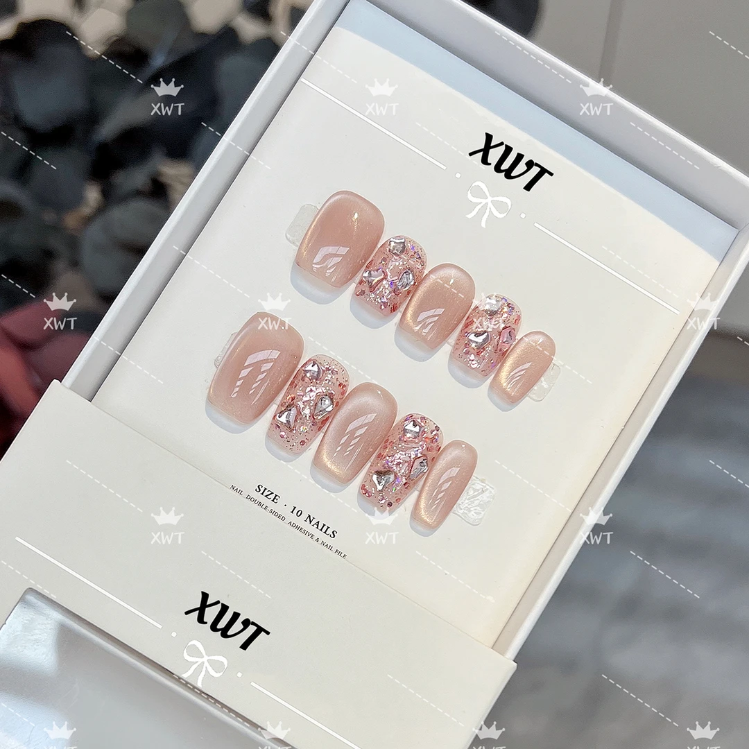 【春桃】纯手工穿戴甲亮钻猫眼款手工穿戴美甲10片装爆款美甲假指甲