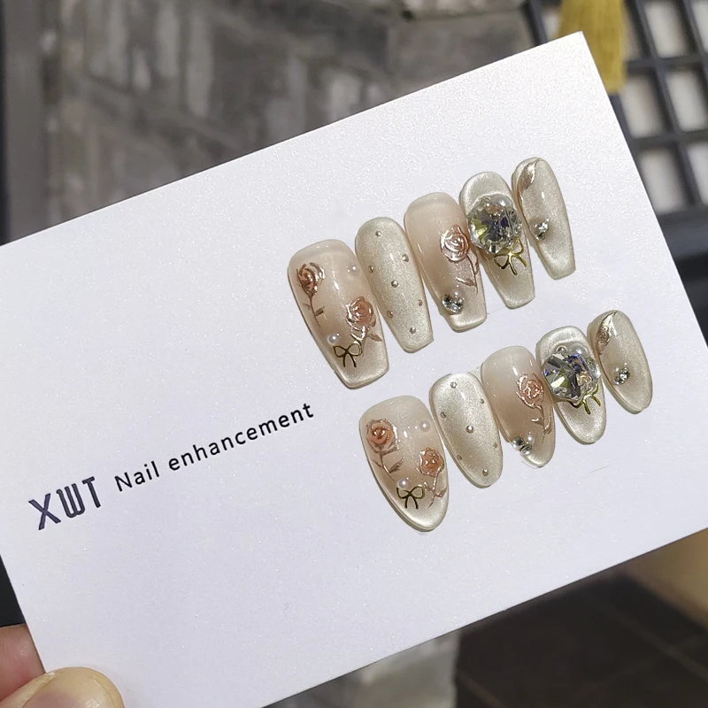 【玫瑰的故事】  纯手工穿戴甲亮钻猫眼款手工美甲10片装美甲显白