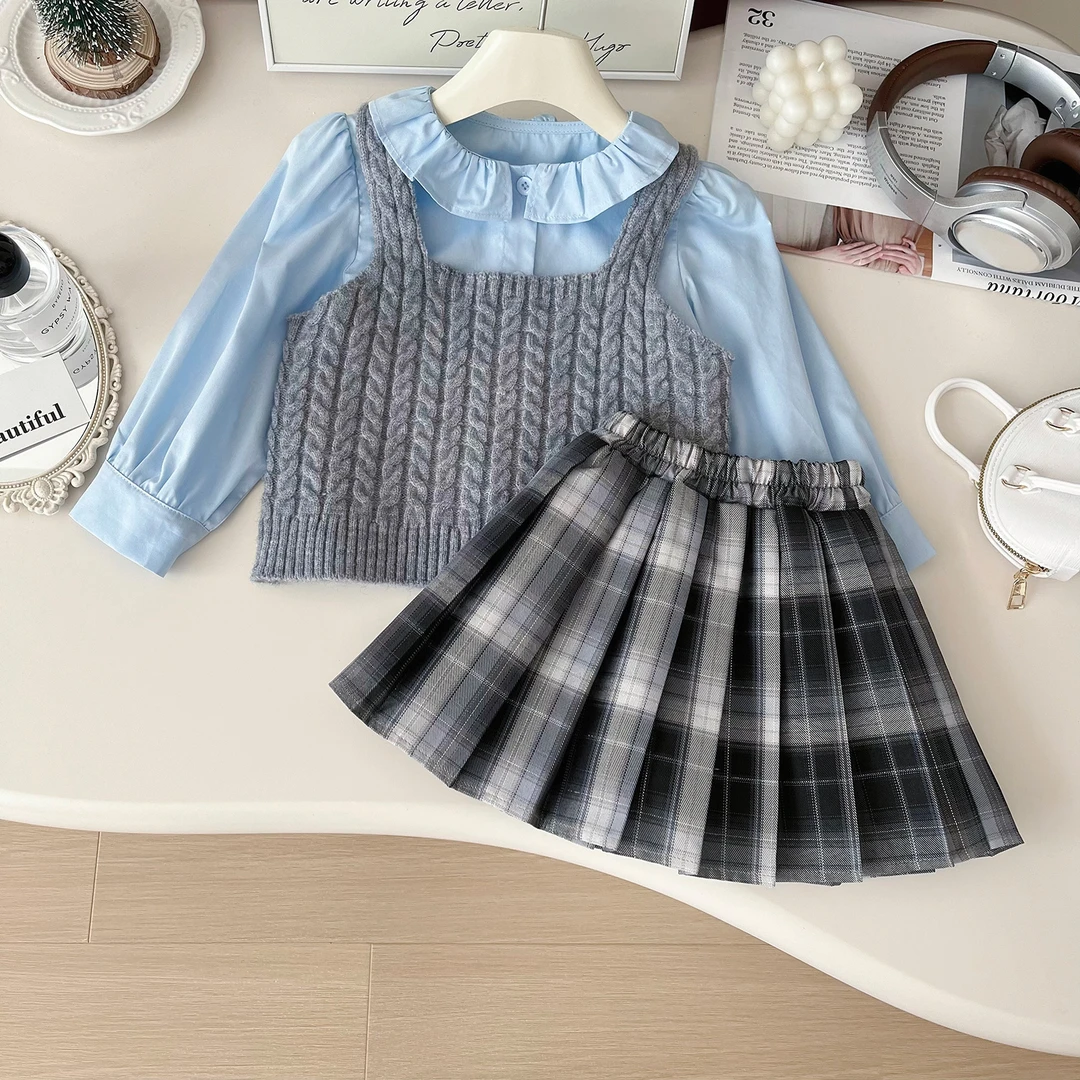 2025春秋新款女童洋气针织马甲衬衫百褶裙学院风三件套Q67506