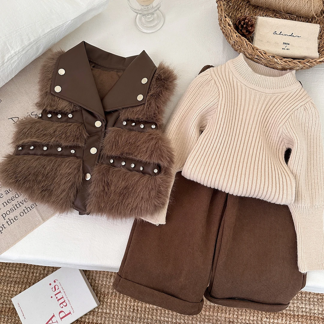 2024冬季新款气质PU百搭拼接小香风气质马甲打底裤子三件套X30060