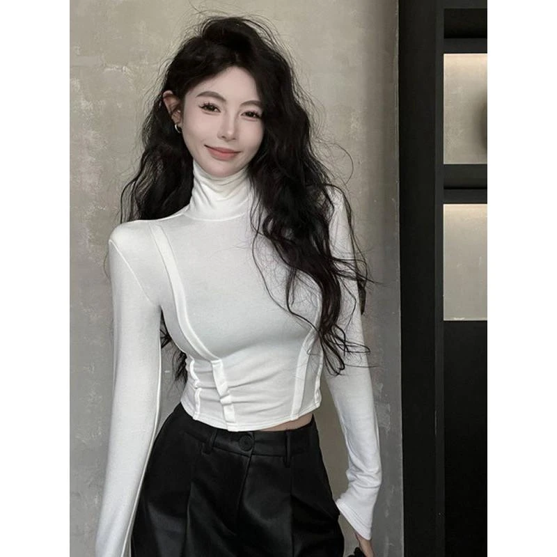 时尚德绒高领加绒打底衫女秋冬加厚内搭不规则短款磨毛长袖T恤上
