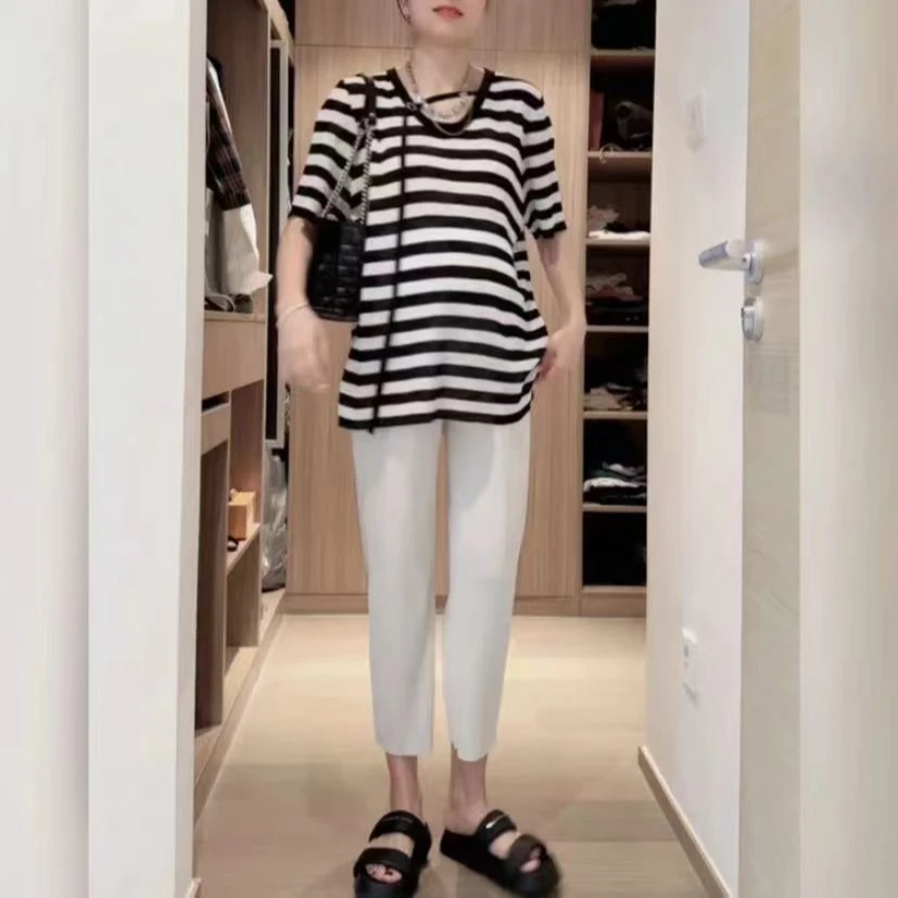 【妮妮】孕妇装夏季轻薄透气冰丝条纹领口飘带针织短袖