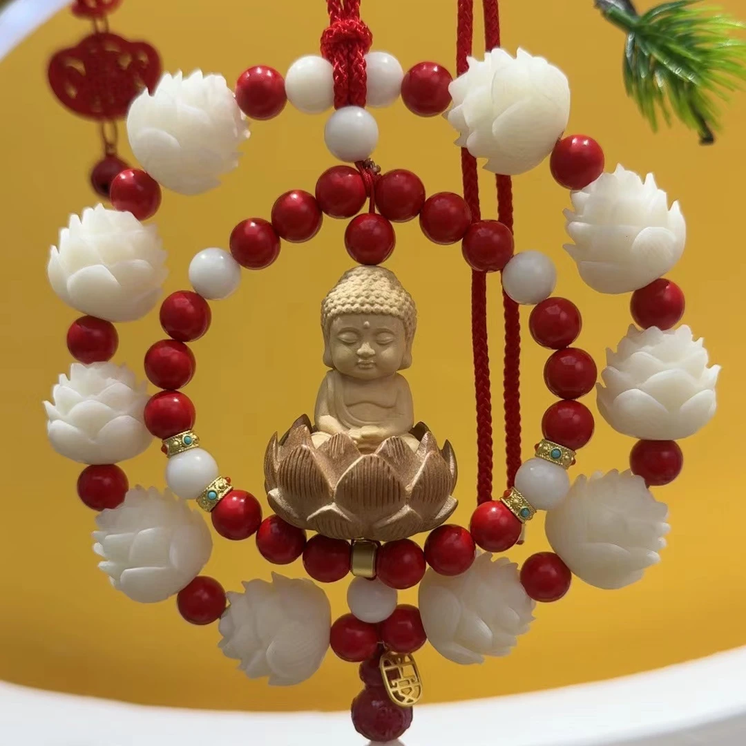 新款菩提莲花红砂朱小砂双圈黄杨木佛汽车后视镜挂件41*