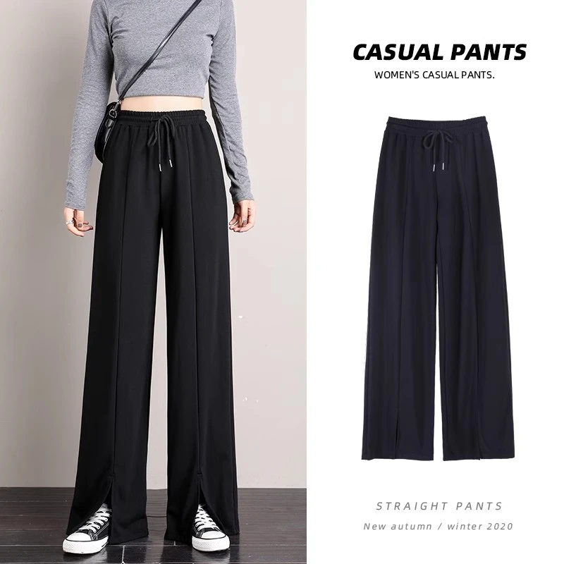 开叉阔腿裤女黑色垂感高腰直筒宽松高个子加长夏薄款休闲2066