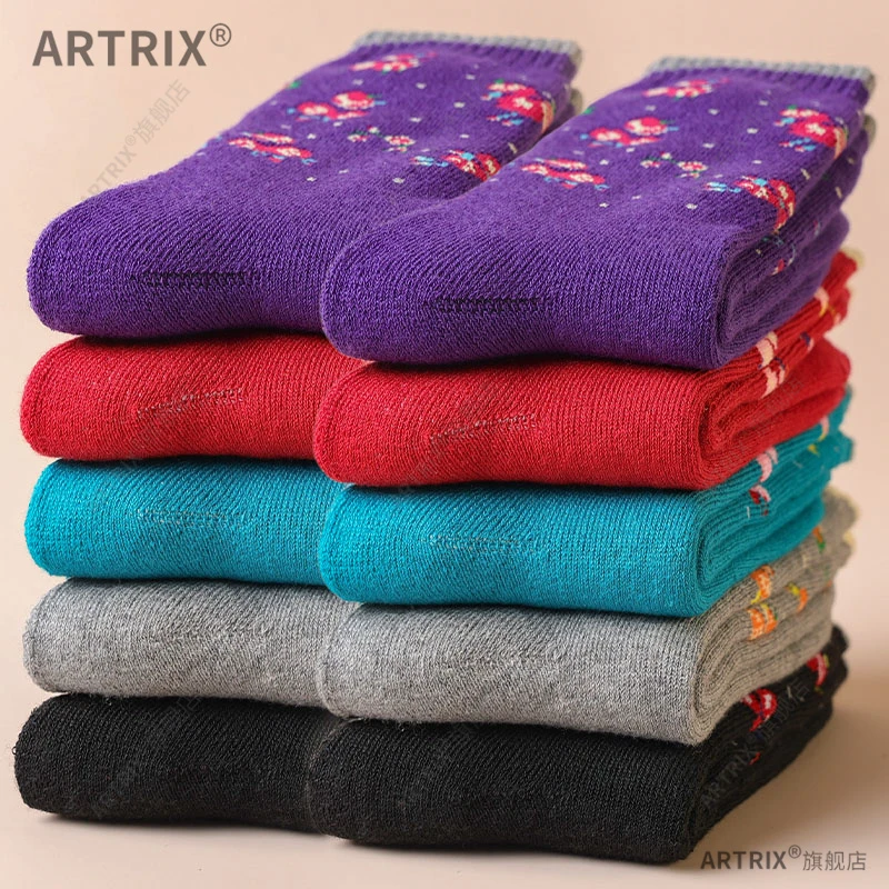 秋冬妈妈袜子加绒中老年长筒保暖加厚奶奶冬天女士老太太宽口桃花