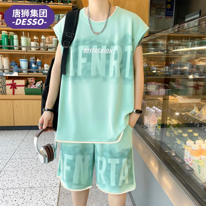 唐狮集团DESSO薄荷曼波无袖套装男士夏季薄款青少年港风两件套男