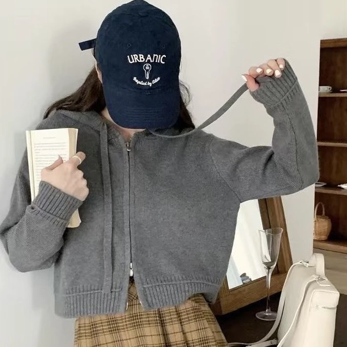 2024毛衣外套女秋冬慵懒上衣韩系设计感双拉链连帽短款针织开衫女