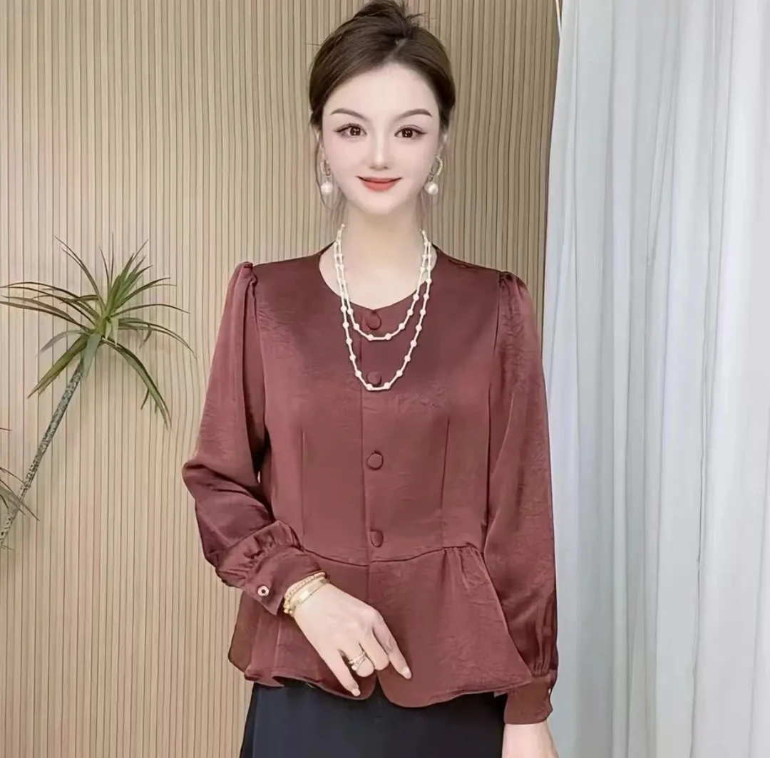 气质纯色衬衫2024时尚新款显瘦洋气长袖衬衣遮肚子小衫上衣女732