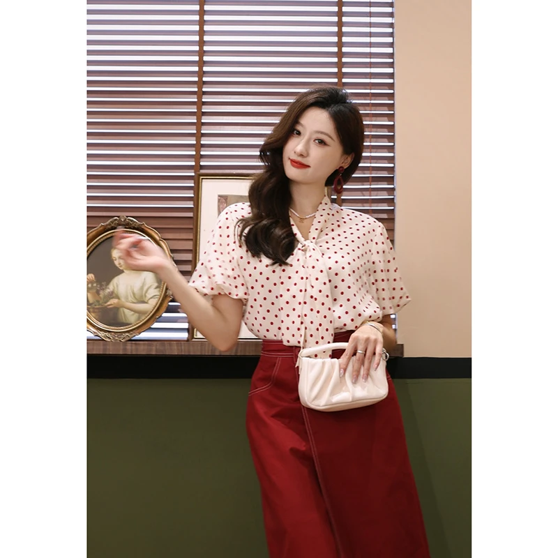 时尚穿搭女士夏季复古波点宽松短袖衬衫上衣高腰裙子显瘦半身裙