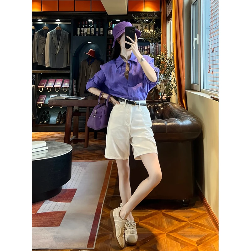 时尚穿搭女士夏季翻领单排扣衬衣防晒长袖衬衫直筒休闲裤百搭短裤