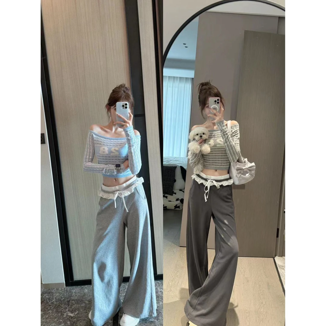 时尚穿搭女士秋季条纹露肩百搭长袖短款上衣显瘦休闲裤宽松阔腿裤