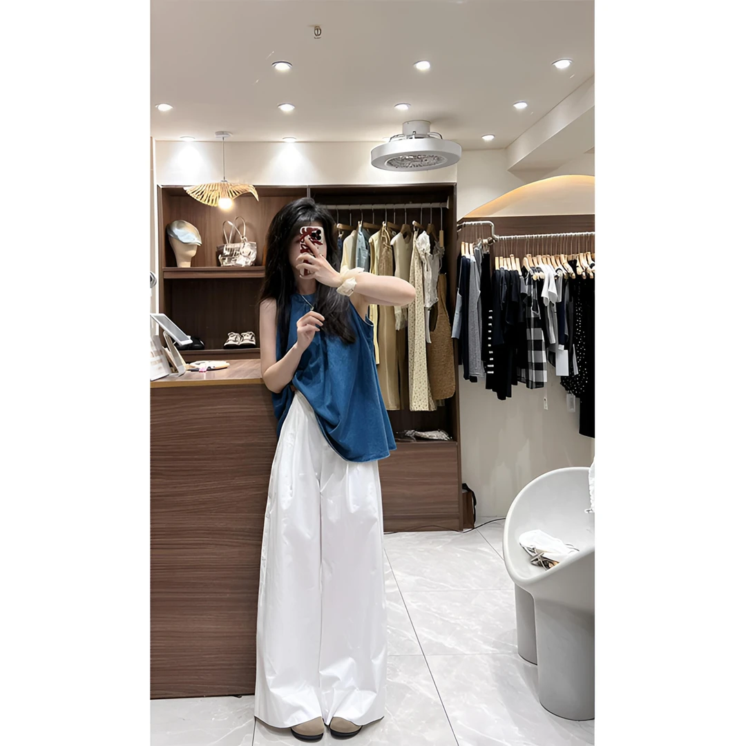 背心吊带女士夏季复古慵懒风纯色无袖娃娃衫时尚显瘦减龄压褶上衣