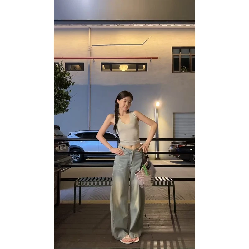 2024夏季穿搭女士时尚辣妹简约百搭修身背心吊带高腰显瘦牛仔裤