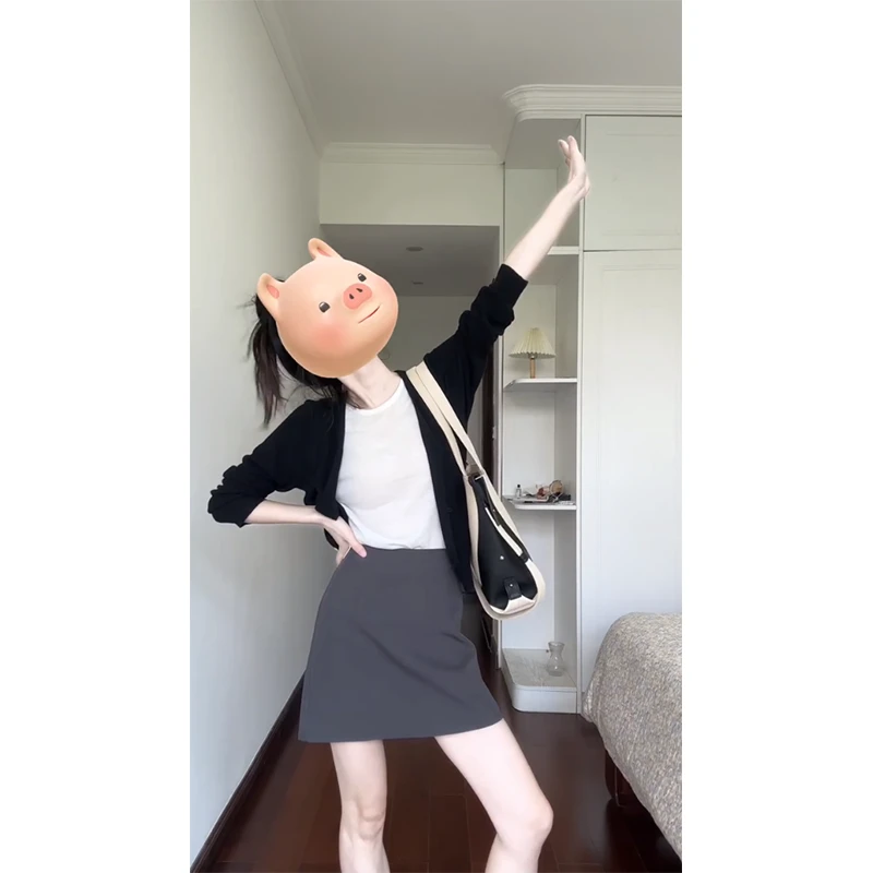 时尚穿搭女士秋季假两件拼接显瘦长袖短款上衣休闲半身裙百搭短裙