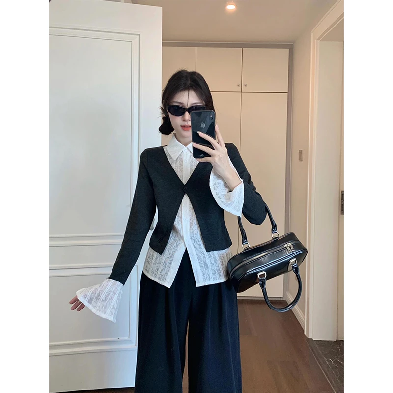 时尚穿搭女士秋季假两件拼接撞色长袖衬衫宽松阔腿裤高腰休闲裤