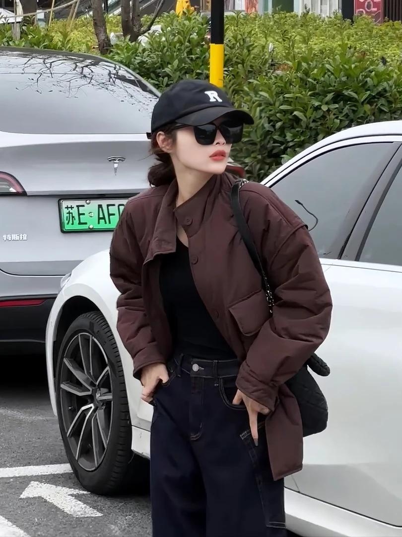 初冬宽松风衣百搭长袖上衣女装水洗大口袋立领棉服春秋运动短款