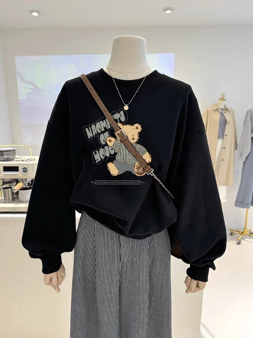 韩系黑色小熊印花宽松重磅休闲卫衣秋季百搭显瘦圆领慵懒圆领上衣