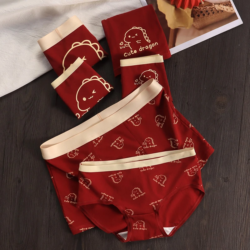 2024情侣纯棉短裤甜甜奶龙本命年结婚喜庆酒红色男女同款全棉底裤