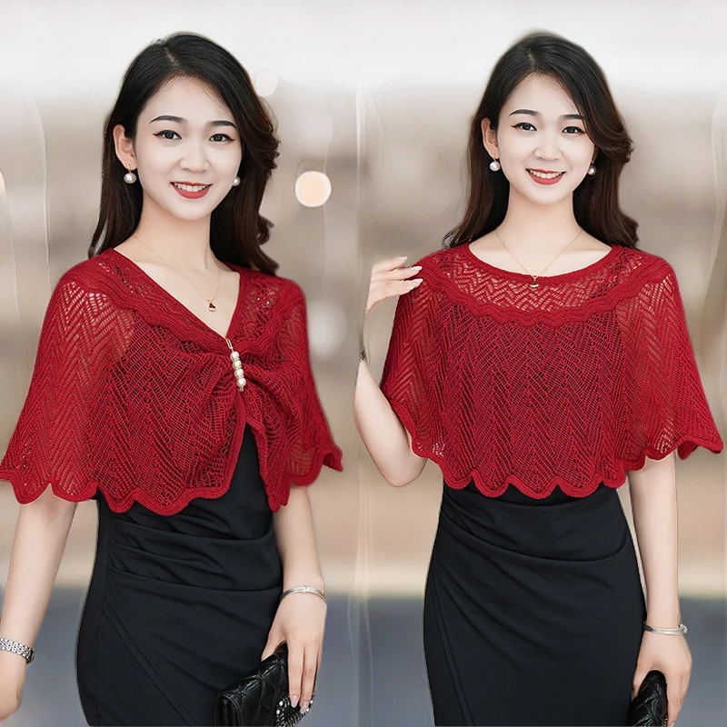 【送高档精美胸针】镂空套头针织女外搭裙子旗袍披肩防晒空调房罩衫