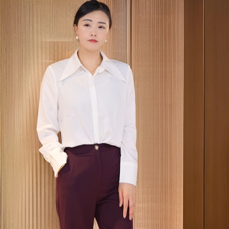 时尚百搭衬衫气质长袖女士通勤秋季休闲衬衫24-057白色春季小众