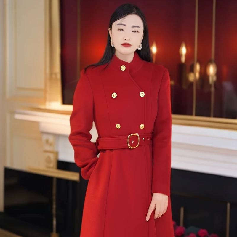 欧美时尚原创设计师高级定制手工订钻修身显瘦毛呢大衣冬新款