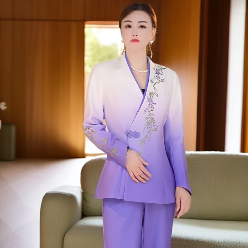 早秋紫藤花高端定制渐变紫色时尚秋季绣花套装24-033