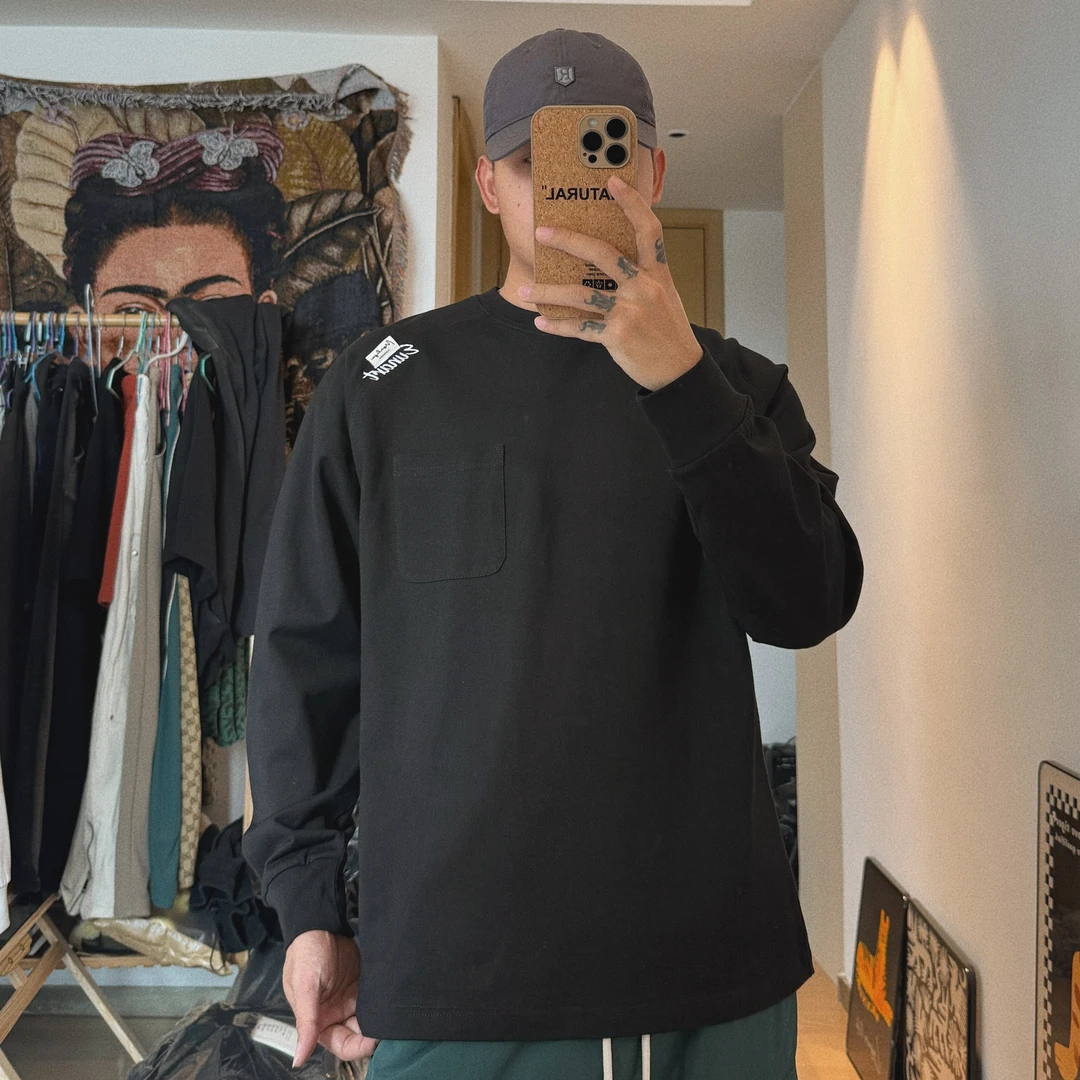 清仓款秋冬纯棉长袖t恤男士纯色重磅刺绣基础宽松打底圆领卫衣