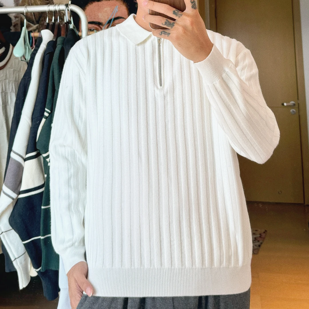 秋冬季保暖高弹翻领条纹设计感针织长袖POLO衫套头纯色冬装毛衣男