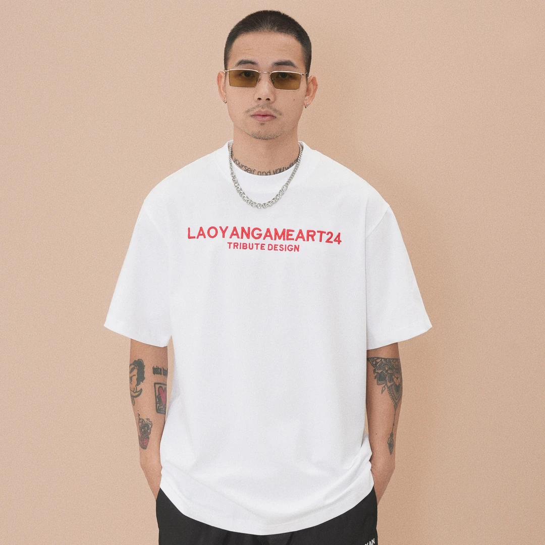 老颜原创300克全棉重磅短袖t恤男春夏季宽松字母刺绣休闲圆领上衣