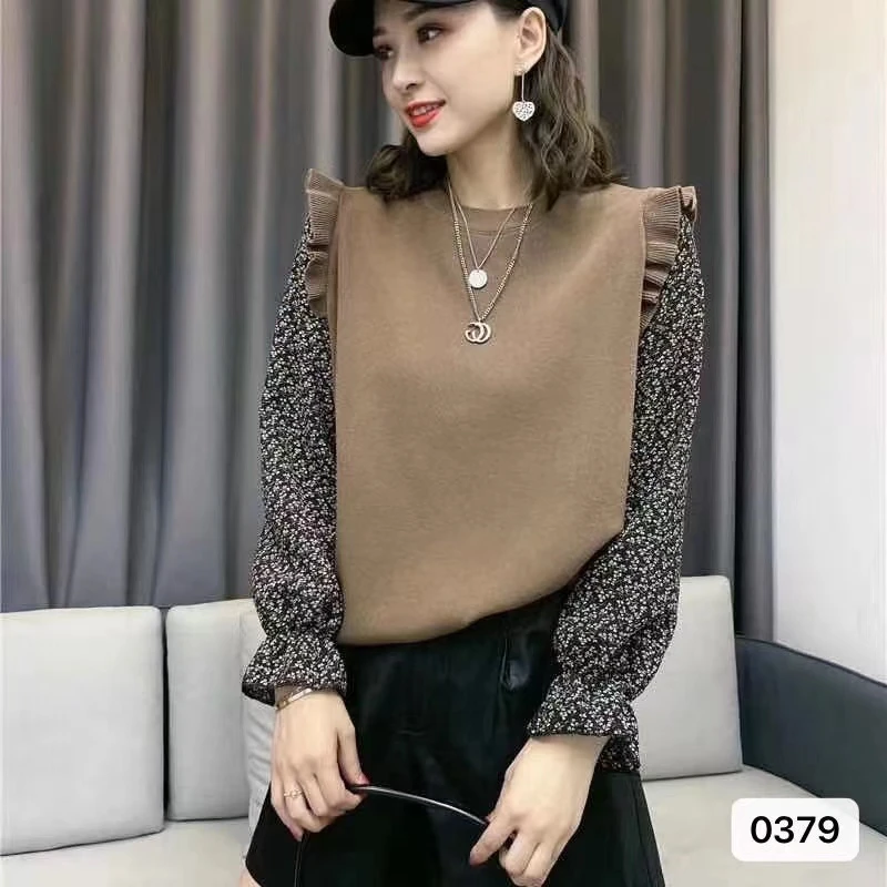 （100-200）碎花长袖拼接针织衫女秋装新款设计感小众百搭上衣