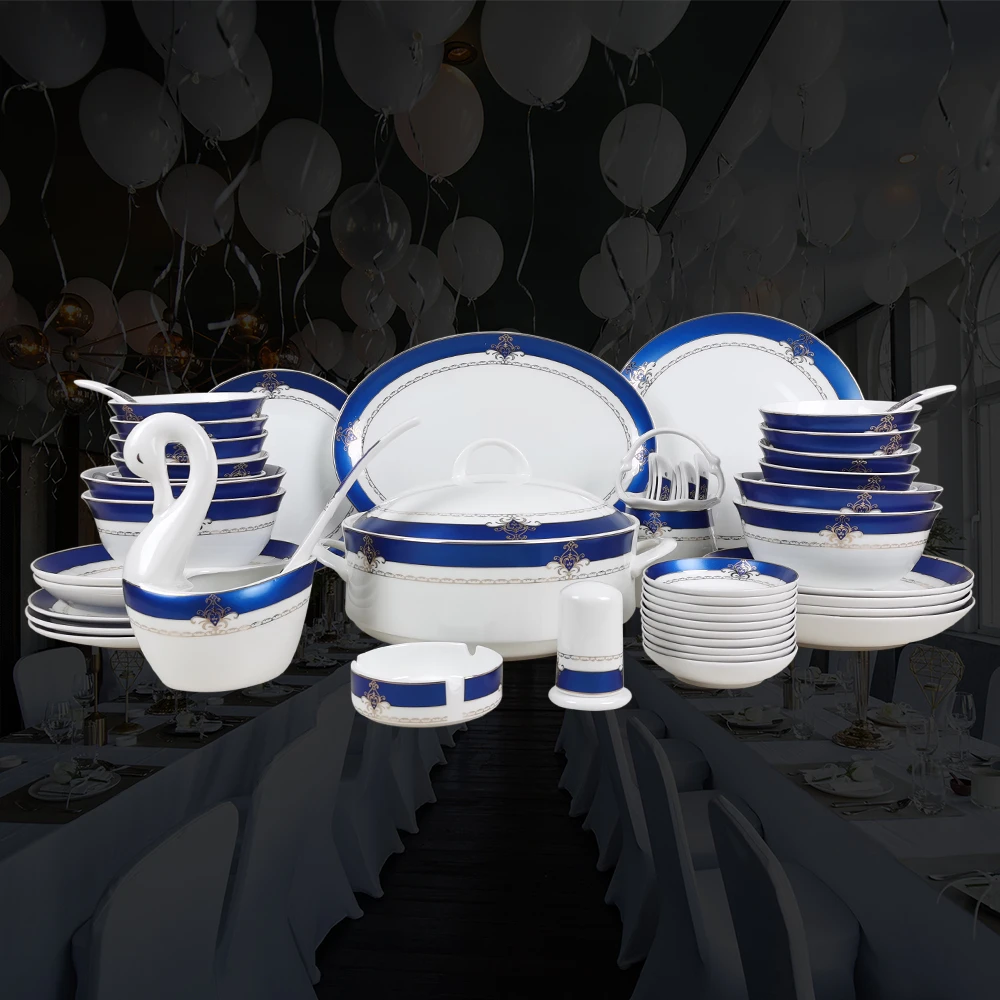应县骨瓷蓝宝石欧典52头套装碗碟盘典雅风家庭清洗吃饭碗礼品