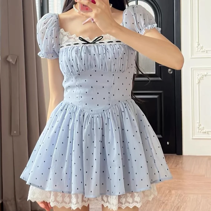 季末清 【甜梦芭蕾】大码甜妹夏季法式碎花少女显瘦蕾丝连衣裙女