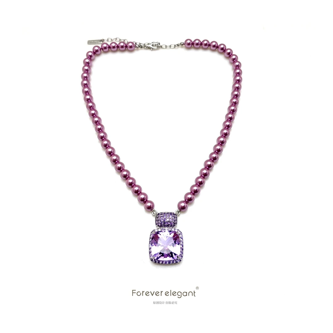 铜合金仿珍珠项链 紫色镶嵌时尚百搭梦幻气质方糖项链-梦幻薰衣草