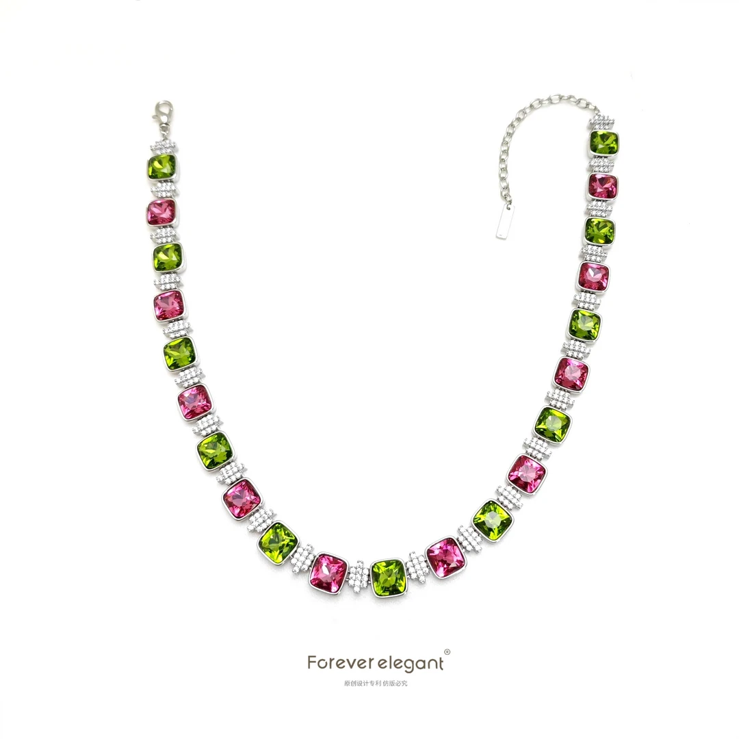 铜合金合成锆石项链 时尚彩色拼接设计师女款重工项链-彩色糖果