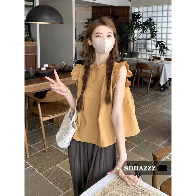 木耳边小飞袖女夏季2024新款可盐可甜宽松短款套头上衣#741