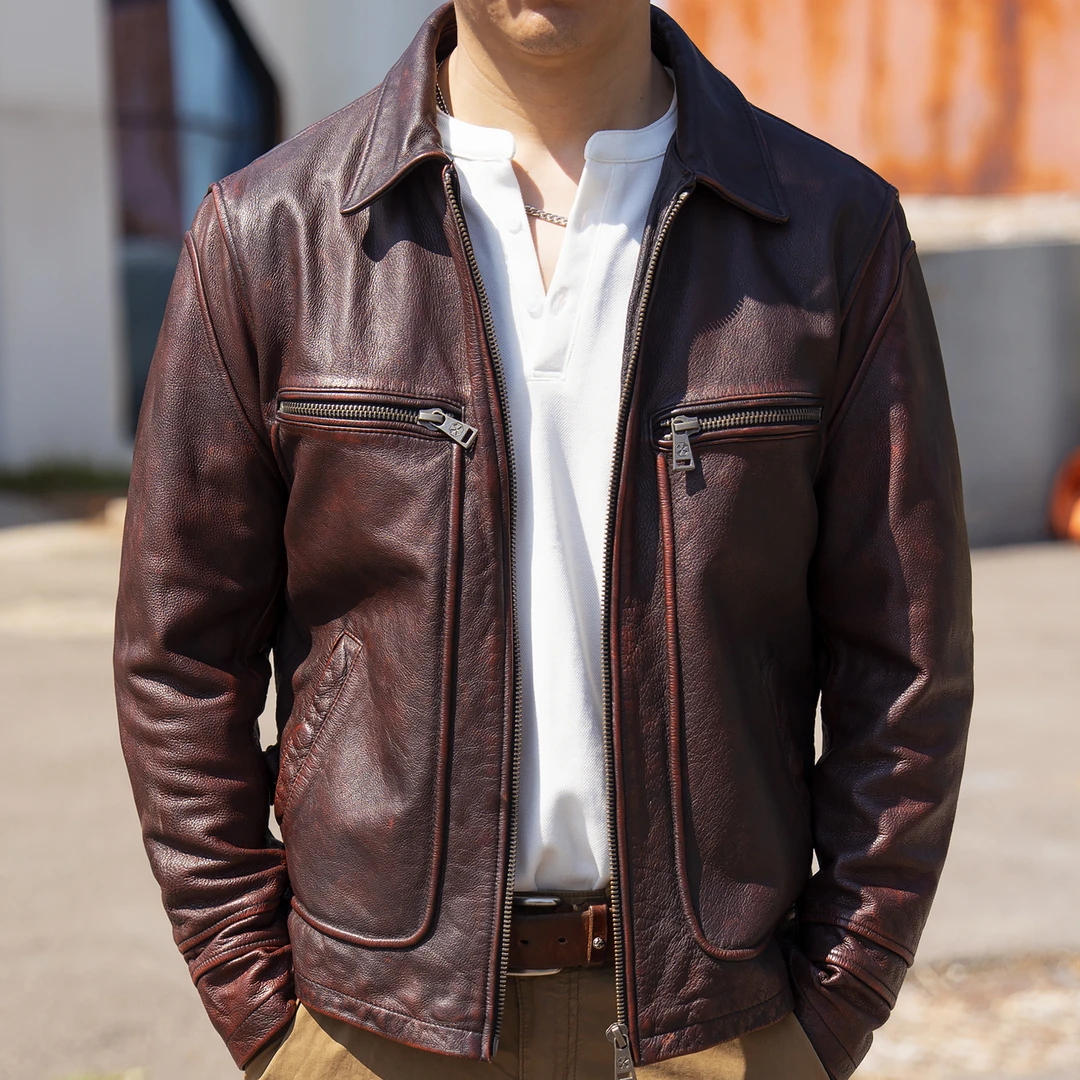 复古做旧头层牛皮真皮皮衣男士外套短款修身机车阿美咔叽皮夹克潮