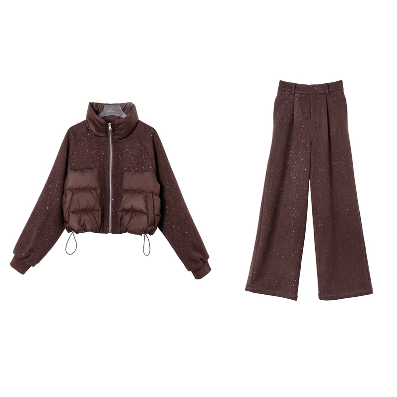 「浓缩美式」气质网红时尚百搭休闲韩系咖色秋冬加绒套装