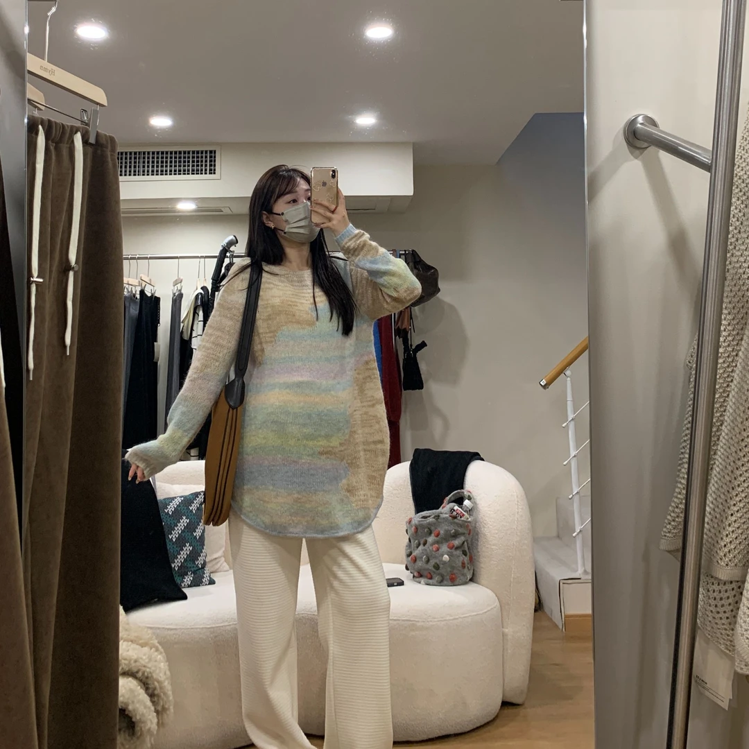 孕妇装油画拼接上衣马海毛 时尚休闲圆领百搭撞色针织衫