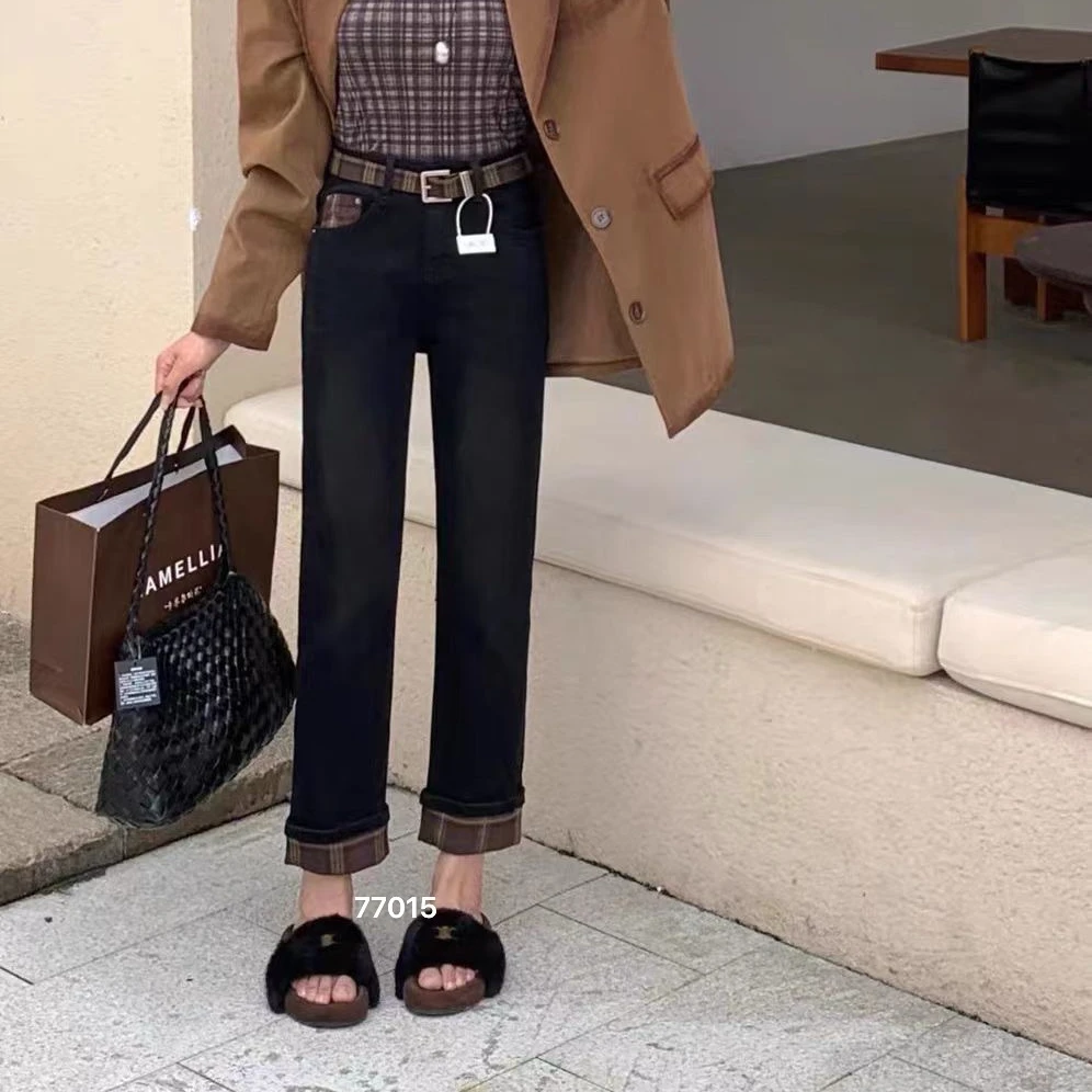 格子卷边弹力烟管裤女2024冬季新款修身显瘦九分牛仔裤子77015