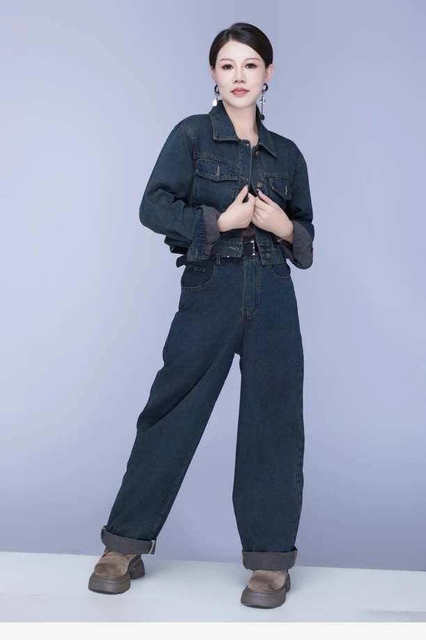 气质减龄牛仔长袖外套上衣两件套洋气宽松阔腿直筒长裤套装时尚款