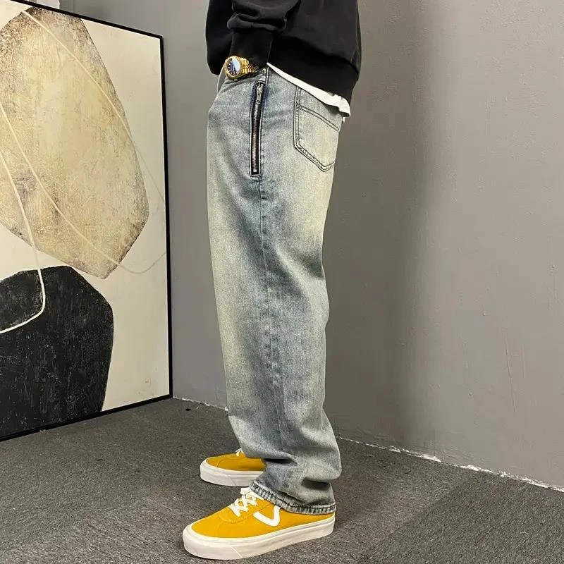 黄泥染直筒牛仔裤男款爆款潮牌美式复古宽松大码vibe阔腿休闲长裤