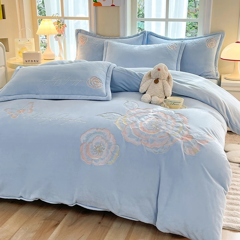 【暖居】香茶花-高克重加厚刺绣牛奶绒四件套加厚保暖秋冬四件套